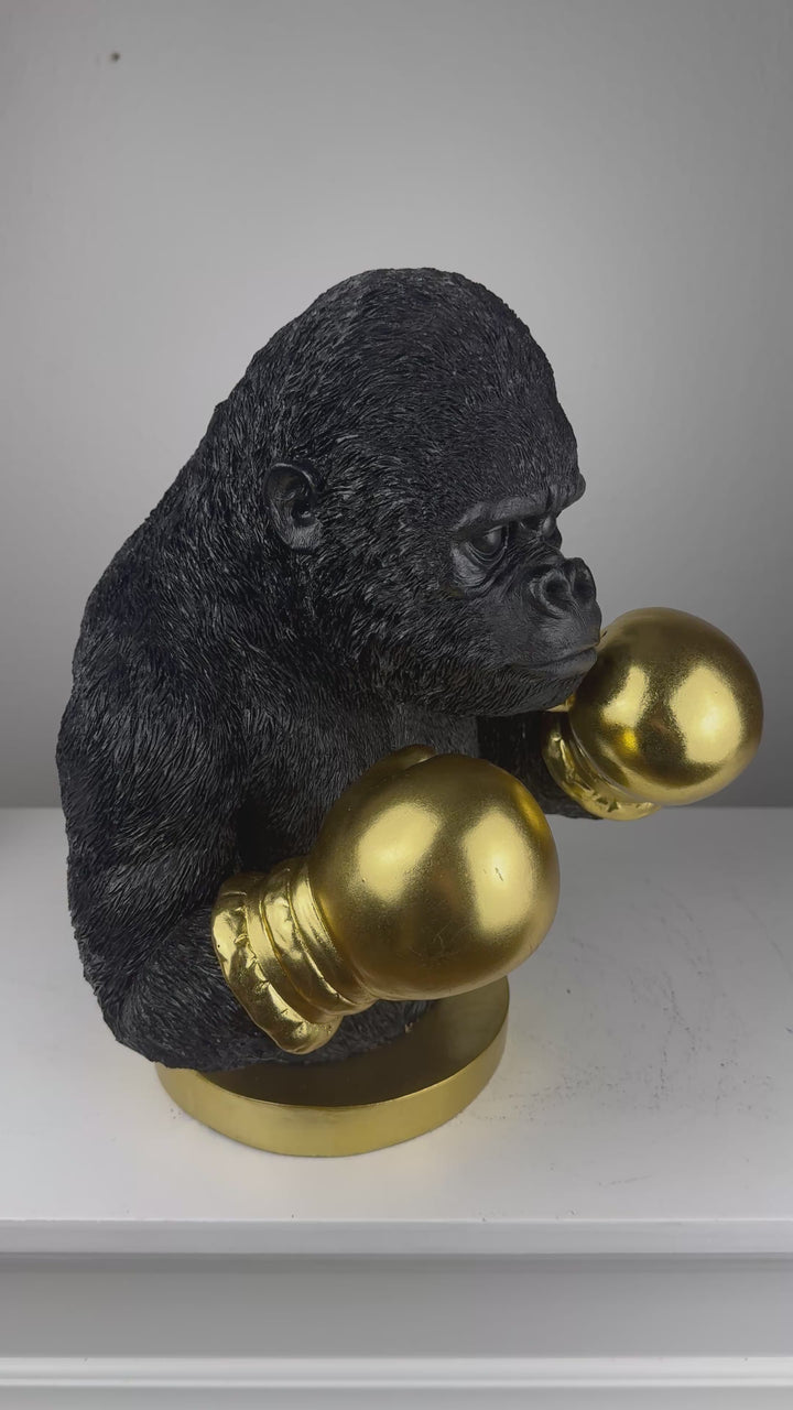 Boxender Gorilla Statue (Schwarz & Gold Pop Art Skulptur)
