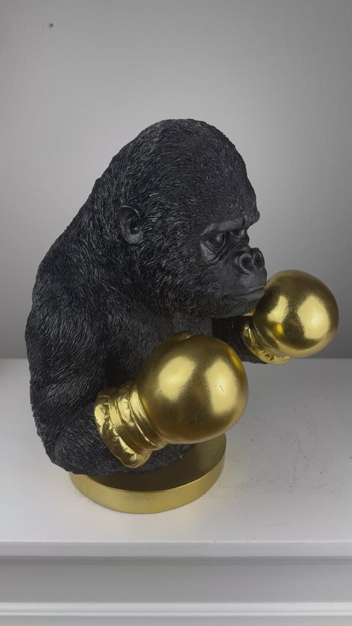 Boxender Gorilla Statue (Schwarz & Gold Pop Art Skulptur)
